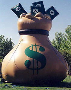 moneybag - Giant 25 ft. money bag cold-air balloon for rent.