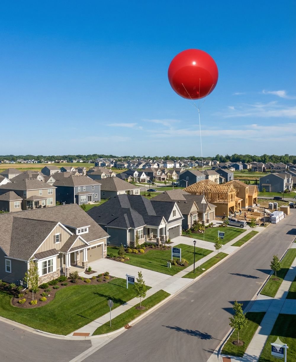 Red helium advertising balloon flying above new model homes
